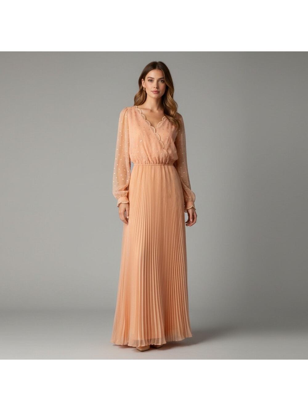Vintage 1960s Jack Bryan Peach Chiffon Maxi Gown Dress L Ethereal Romantic